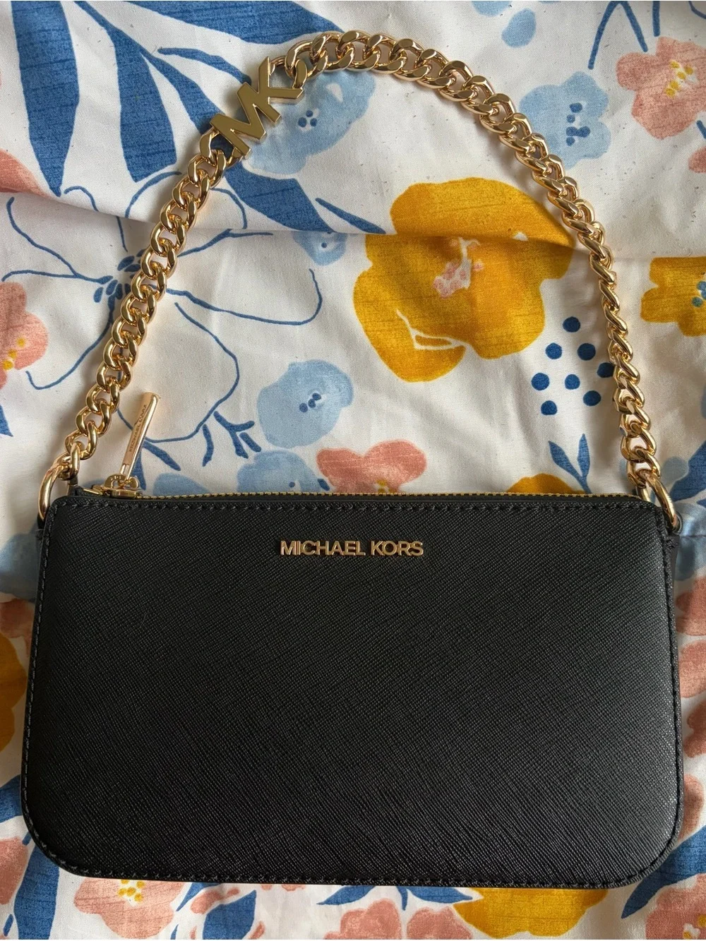 Michael Kors Black Saffiano Leather Wristlet with Gold Chain
